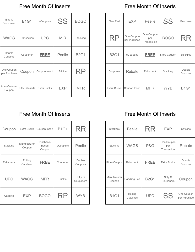 Free Month Of Inserts Bingo Cards