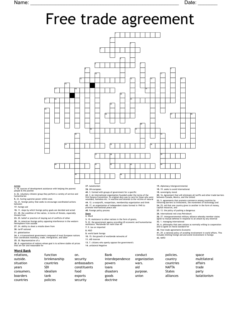 Free trade agreement Crossword