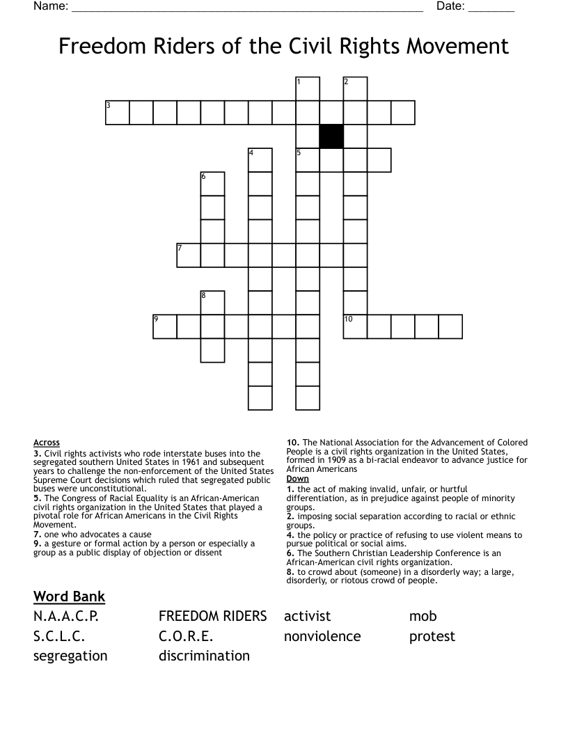 Freedom Riders of the Civil Rights Movement Crossword