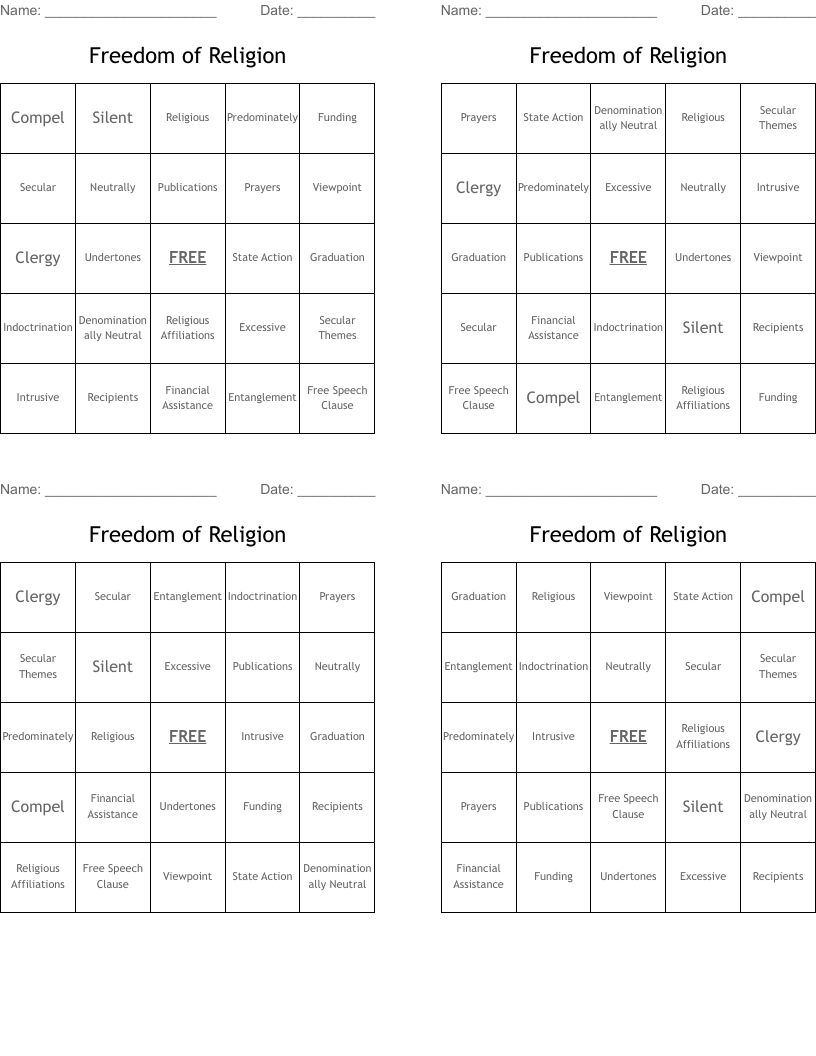 Freedom of Religion Bingo Cards
