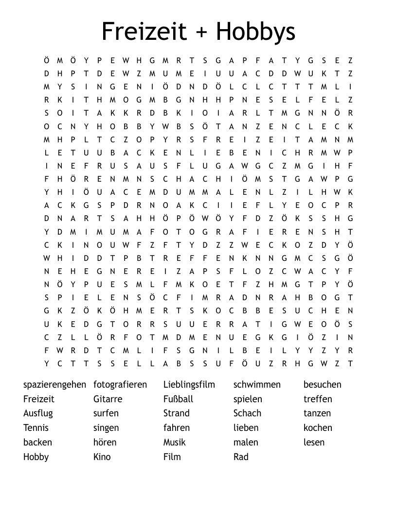 Freizeit + Hobbys Word Search