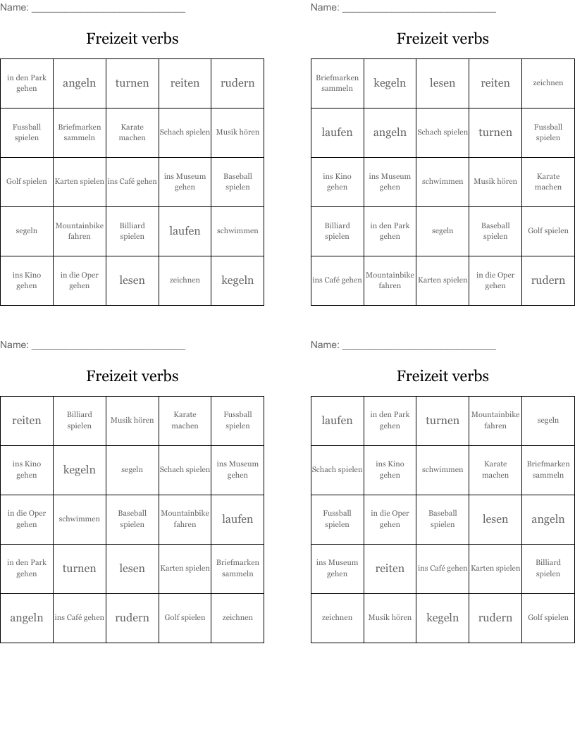 Freizeit verbs Bingo Cards