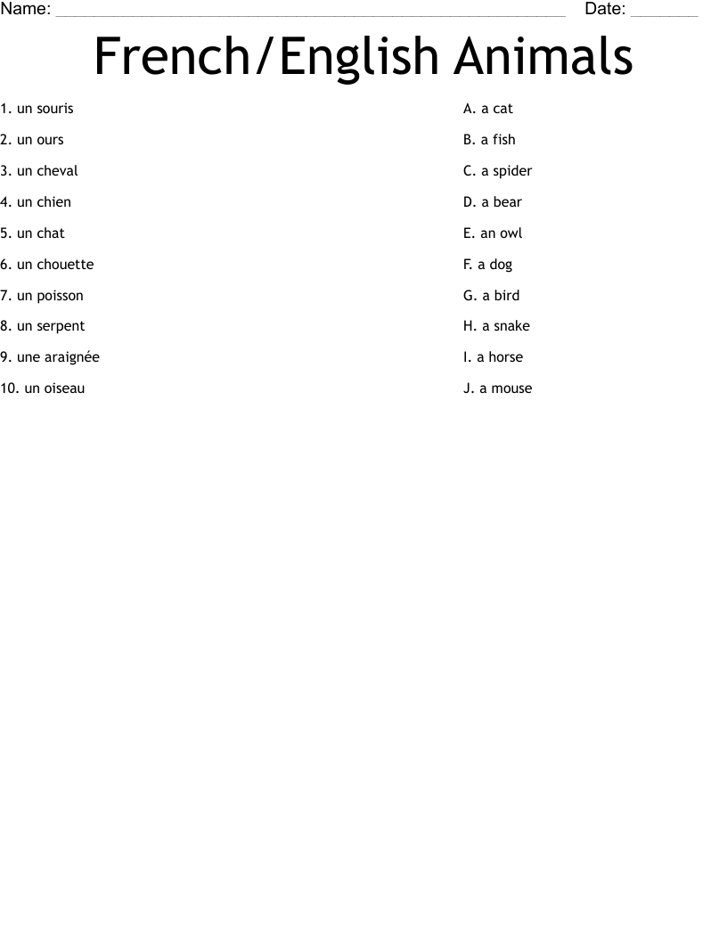 French/English Animals Worksheet