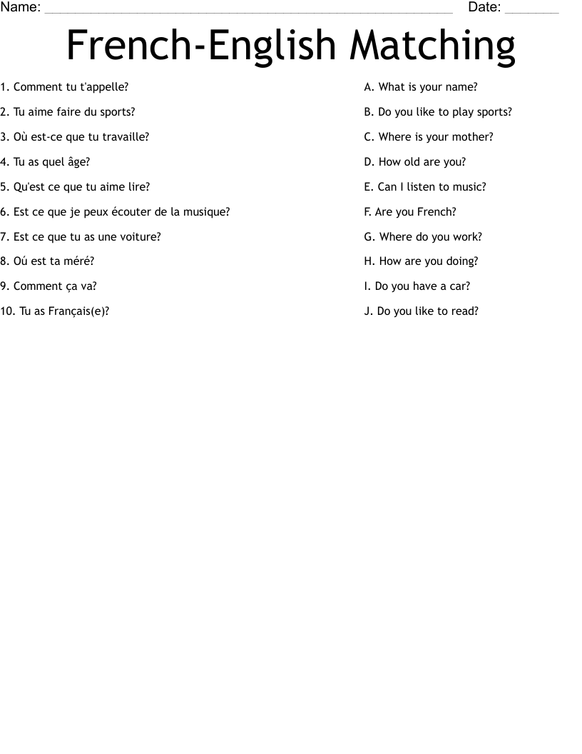 French-English Matching Worksheet