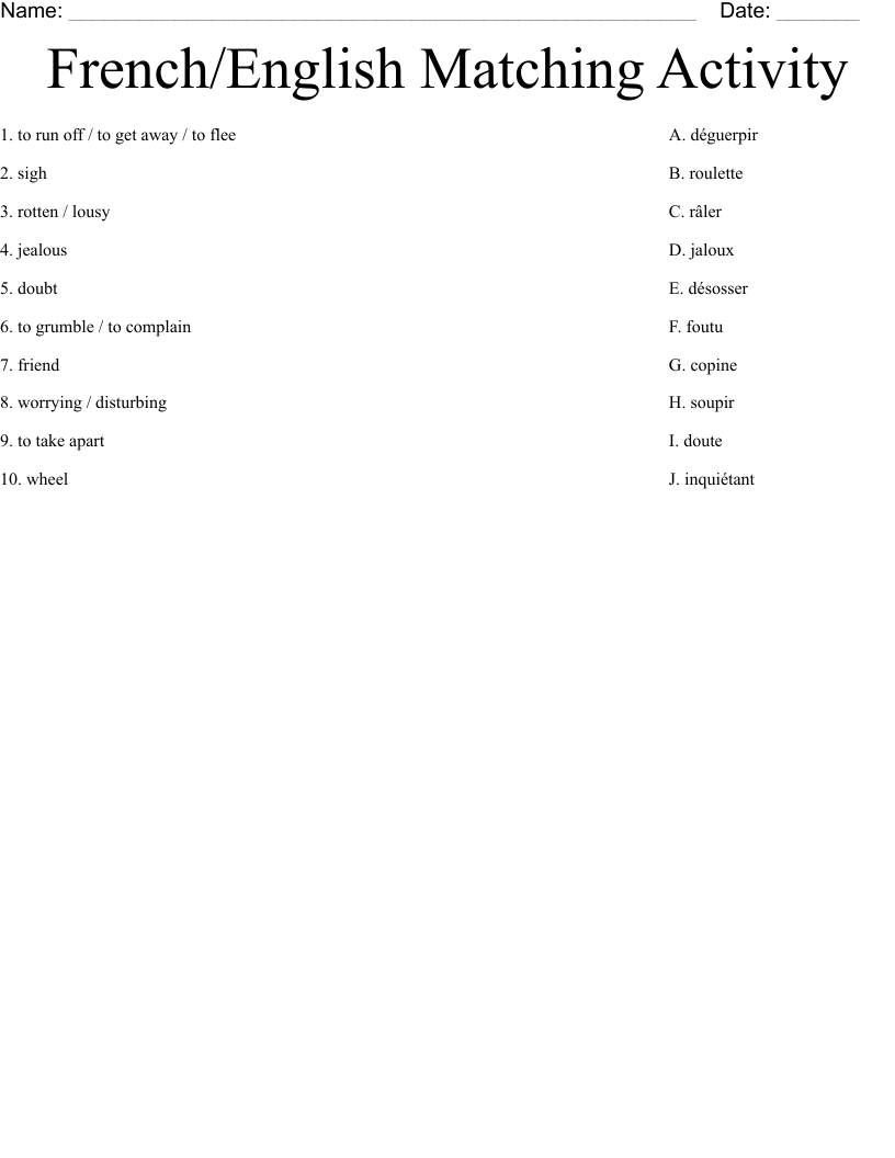 French/English Matching Activity Worksheet