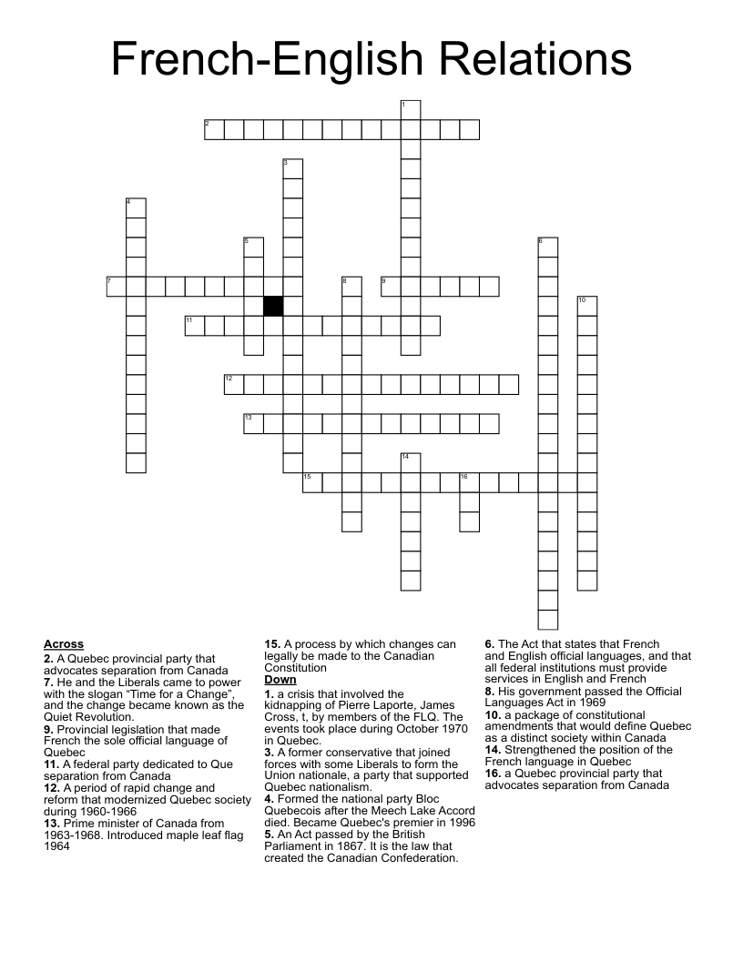 French-English Relations Crossword
