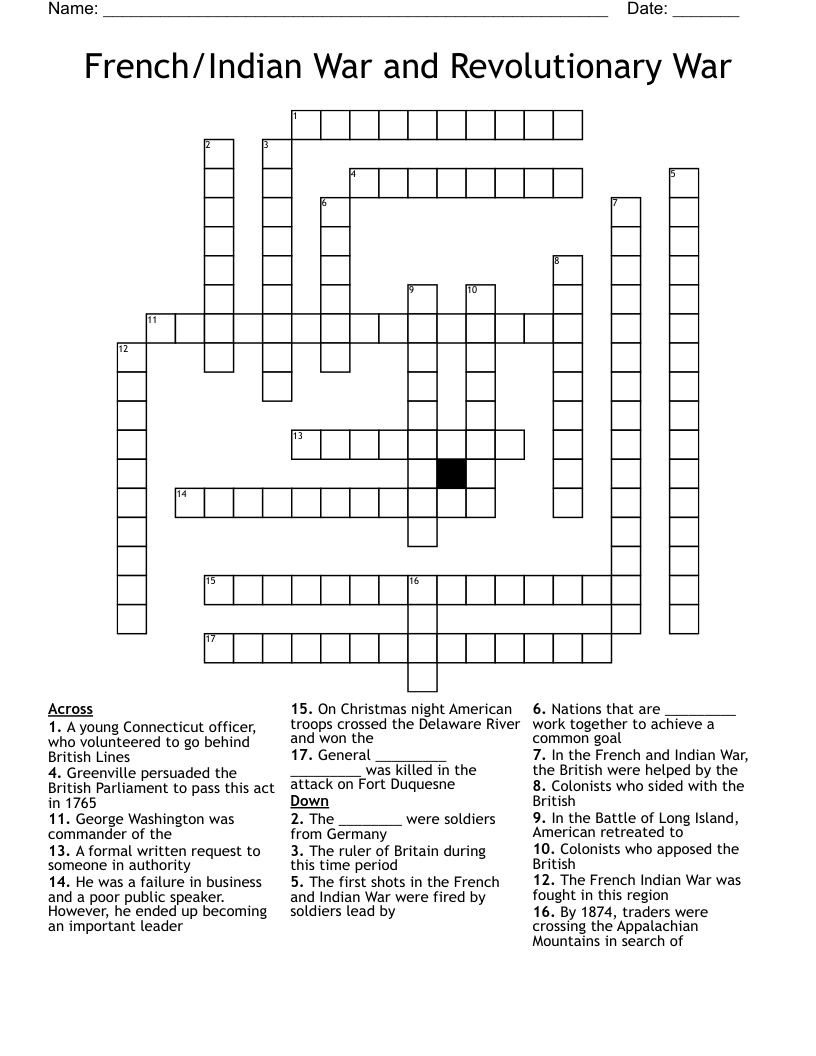 French/Indian War and Revolutionary War Crossword
