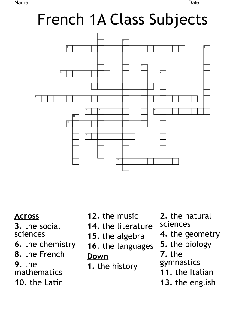 French 1A Class Subjects Crossword