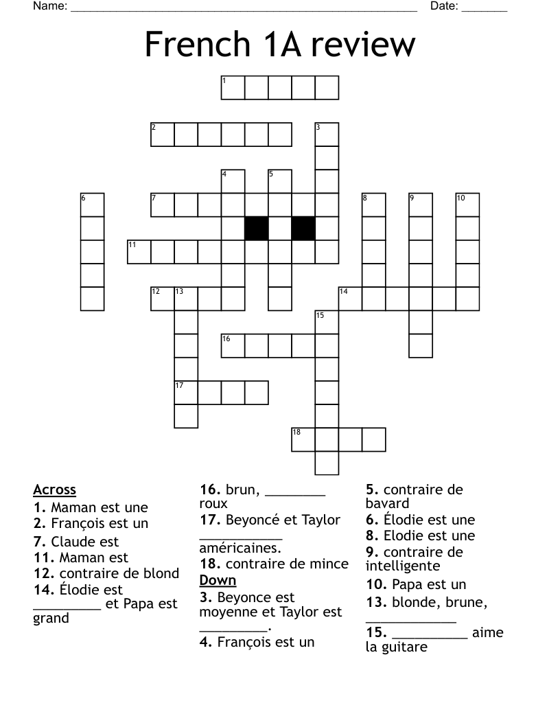 French 1A review  Crossword