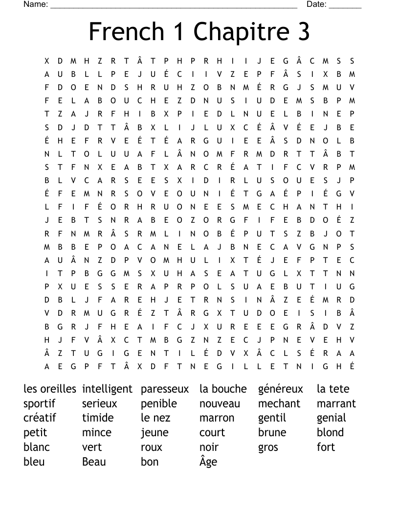 French 1 Chapitre 3  Word Search