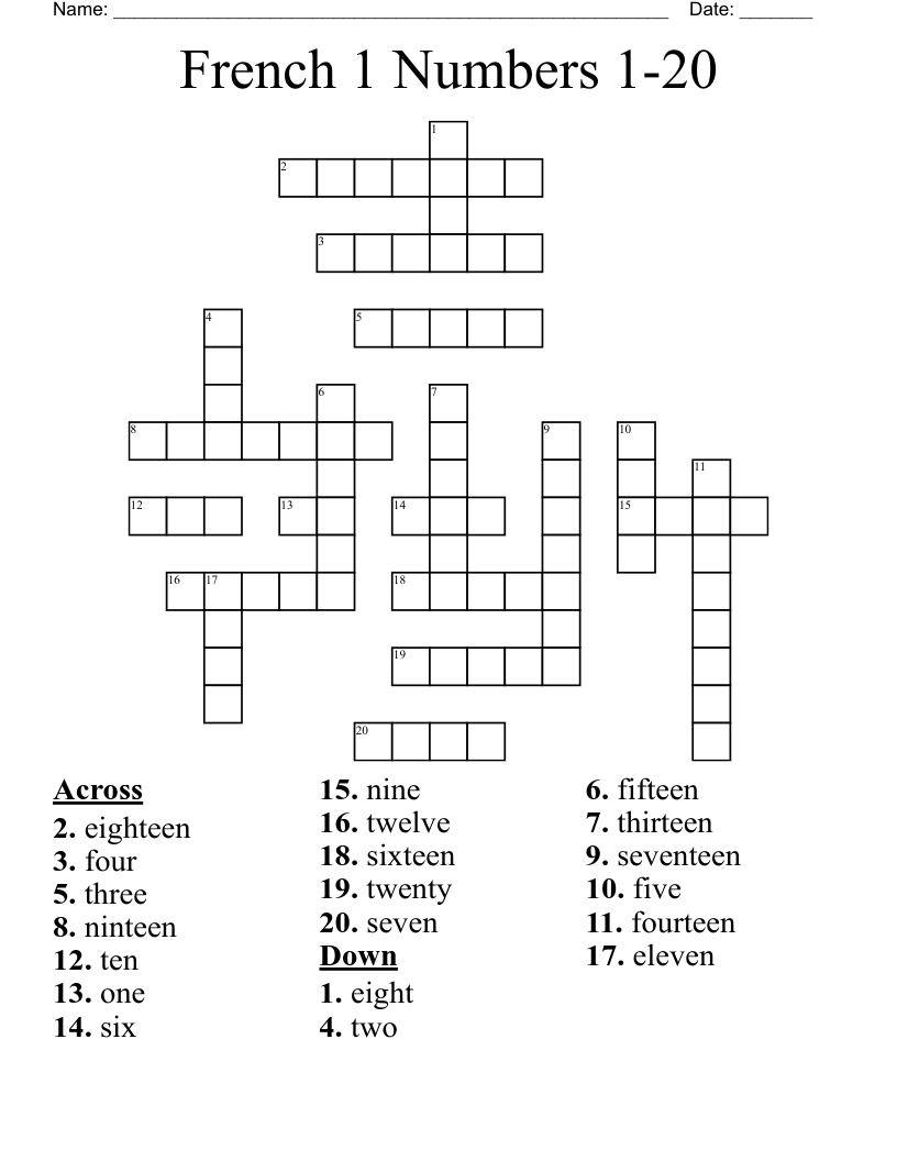 French 1 Numbers 1-20 Crossword