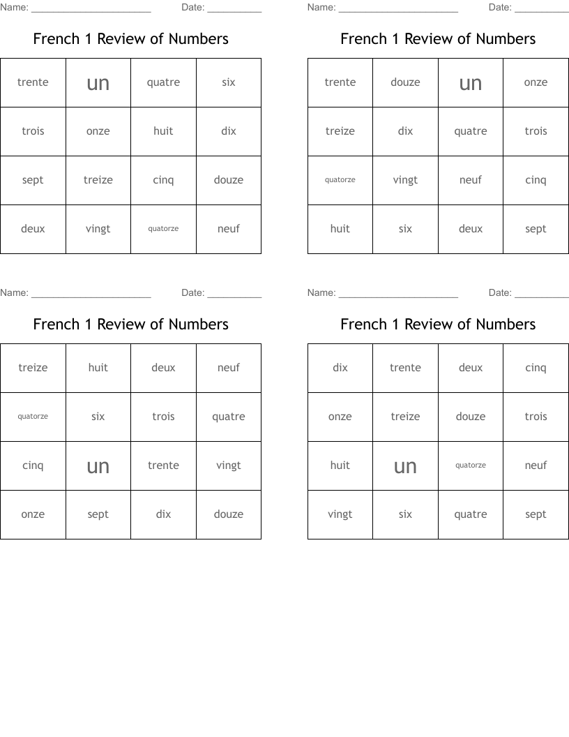 French 1 Review of Numbers Bingo Cards