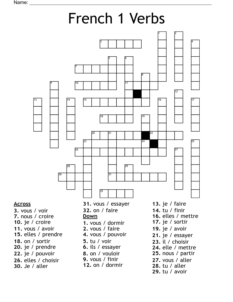 French 1 Verbs Crossword