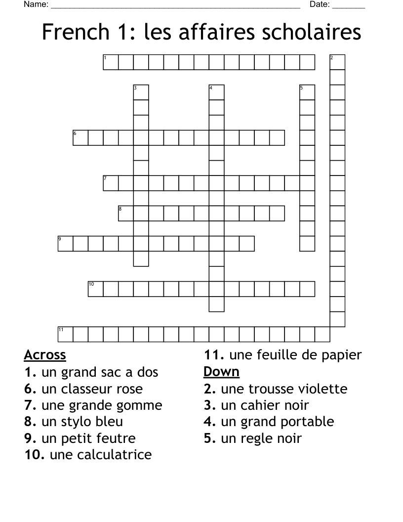 French 1: les affaires scholaires Crossword