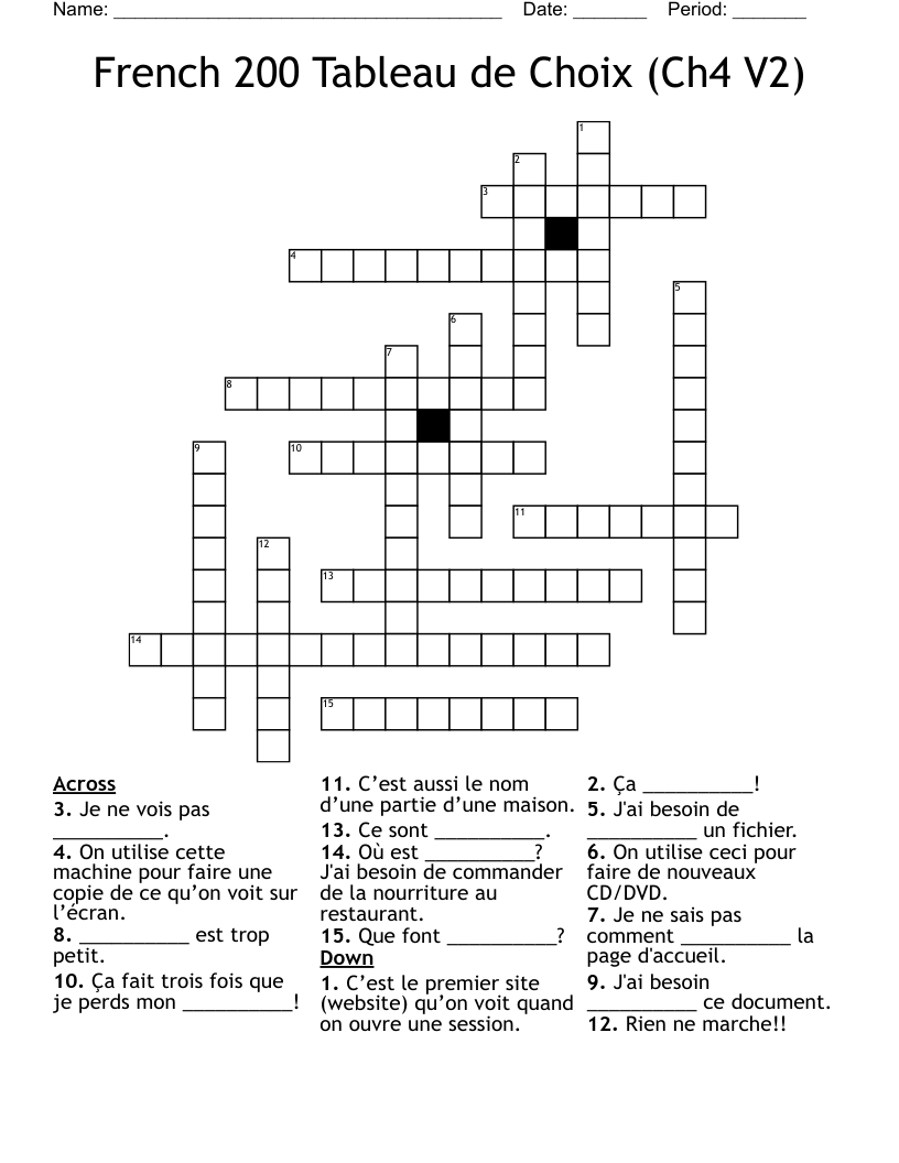 French 200 Tableau de Choix (Ch4 V2) Crossword