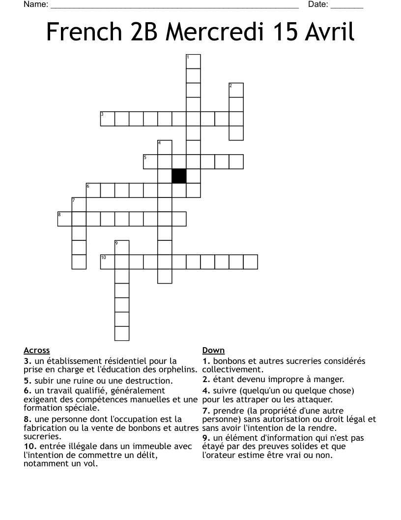 French 2B Mercredi 15 Avril Crossword