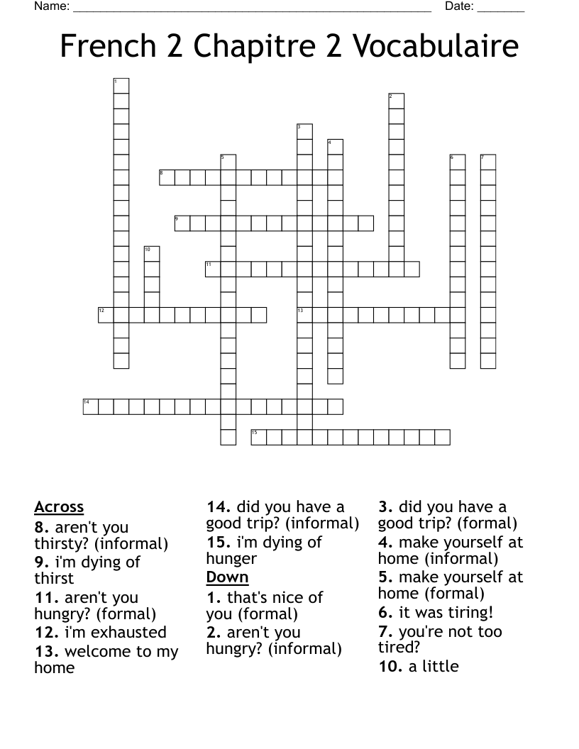 French 2 Chapitre 2 Vocabulaire Crossword