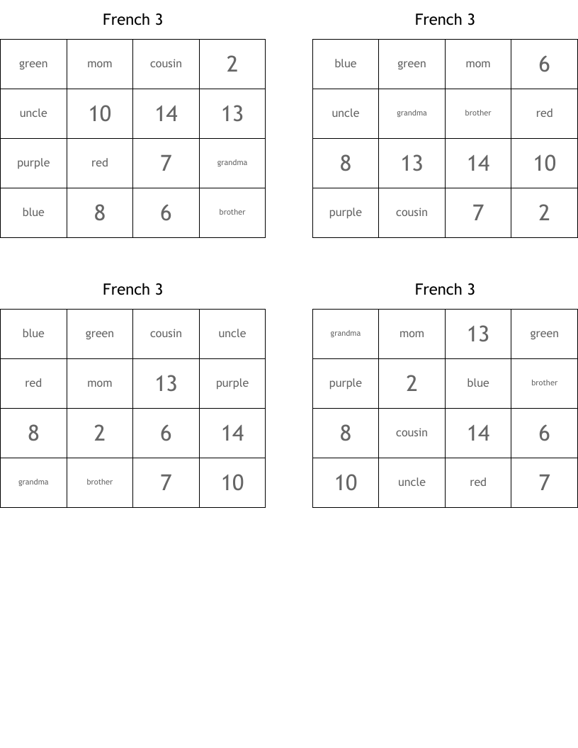 French 3 Bingo Cards