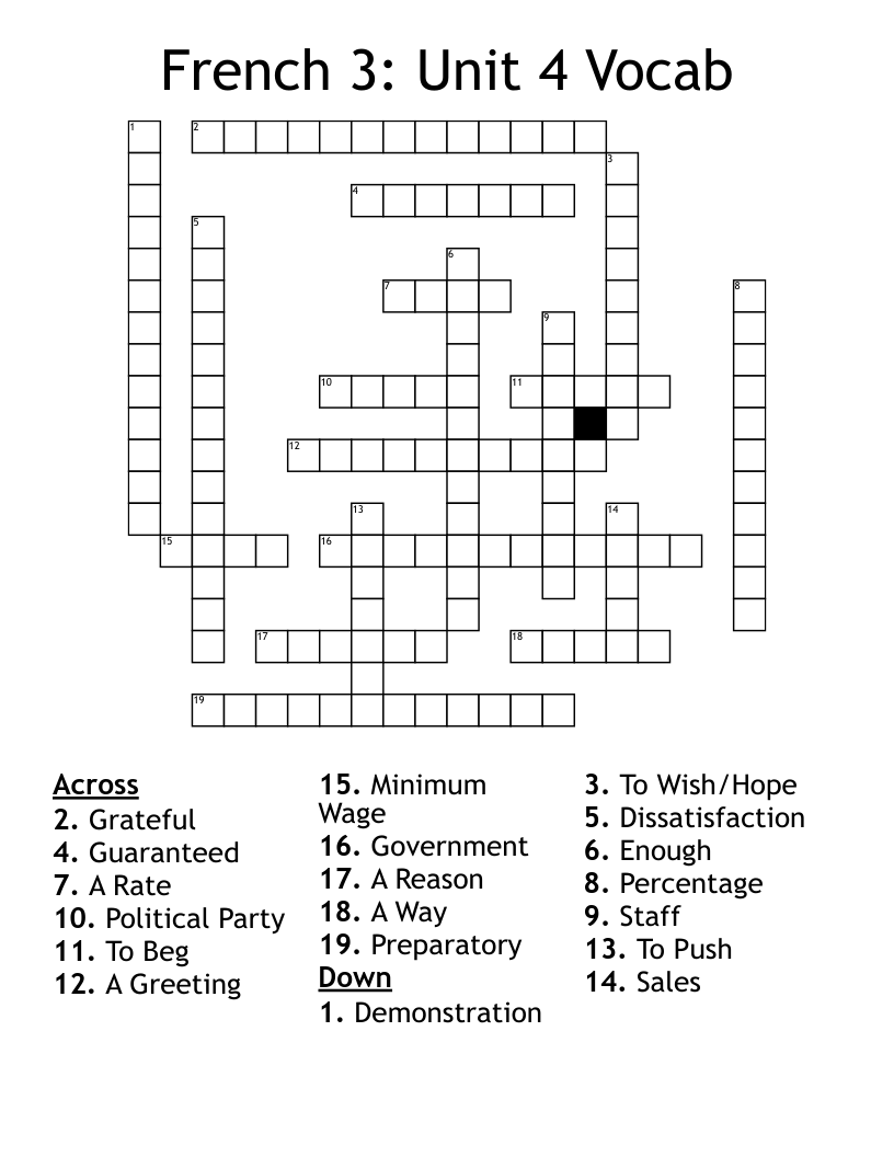 French 3: Unit 4 Vocab Crossword
