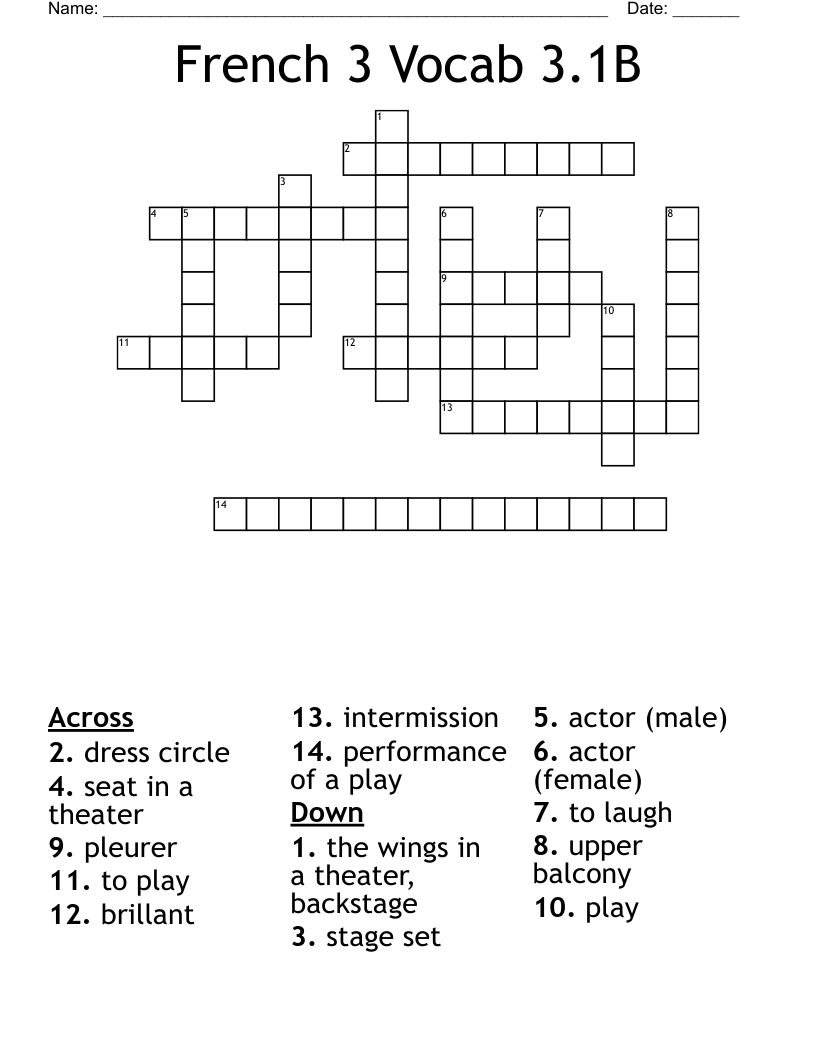 French 3 Vocab 3.1B Crossword
