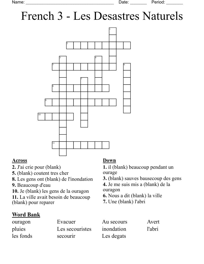 French 3 - Les Desastres Naturels Crossword
