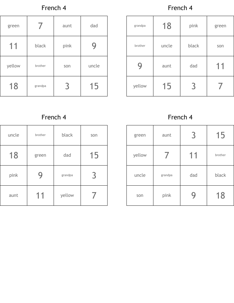 French 4 Bingo Cards