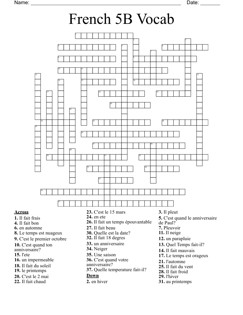 French 5B Vocab Crossword