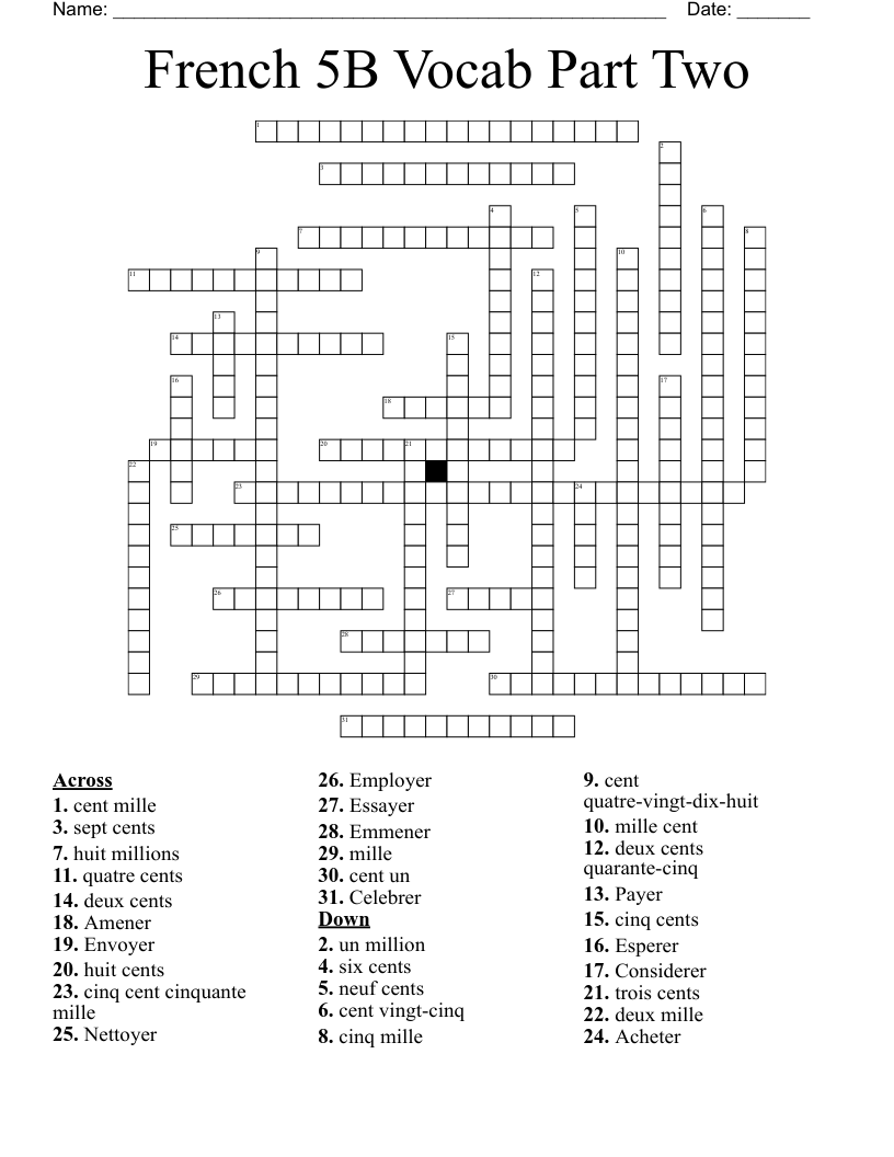 French 5B Vocab Part Two Crossword
