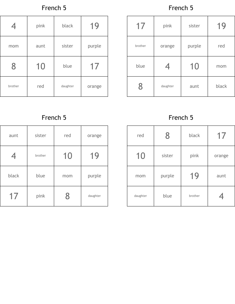 French 5 Bingo Cards