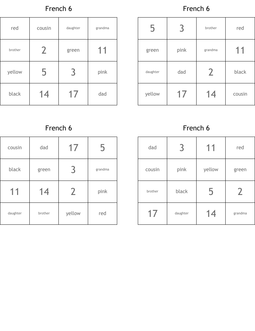 French 6 Bingo Cards