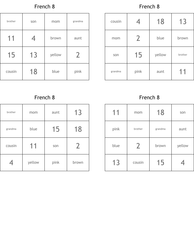 French 8 Bingo Cards
