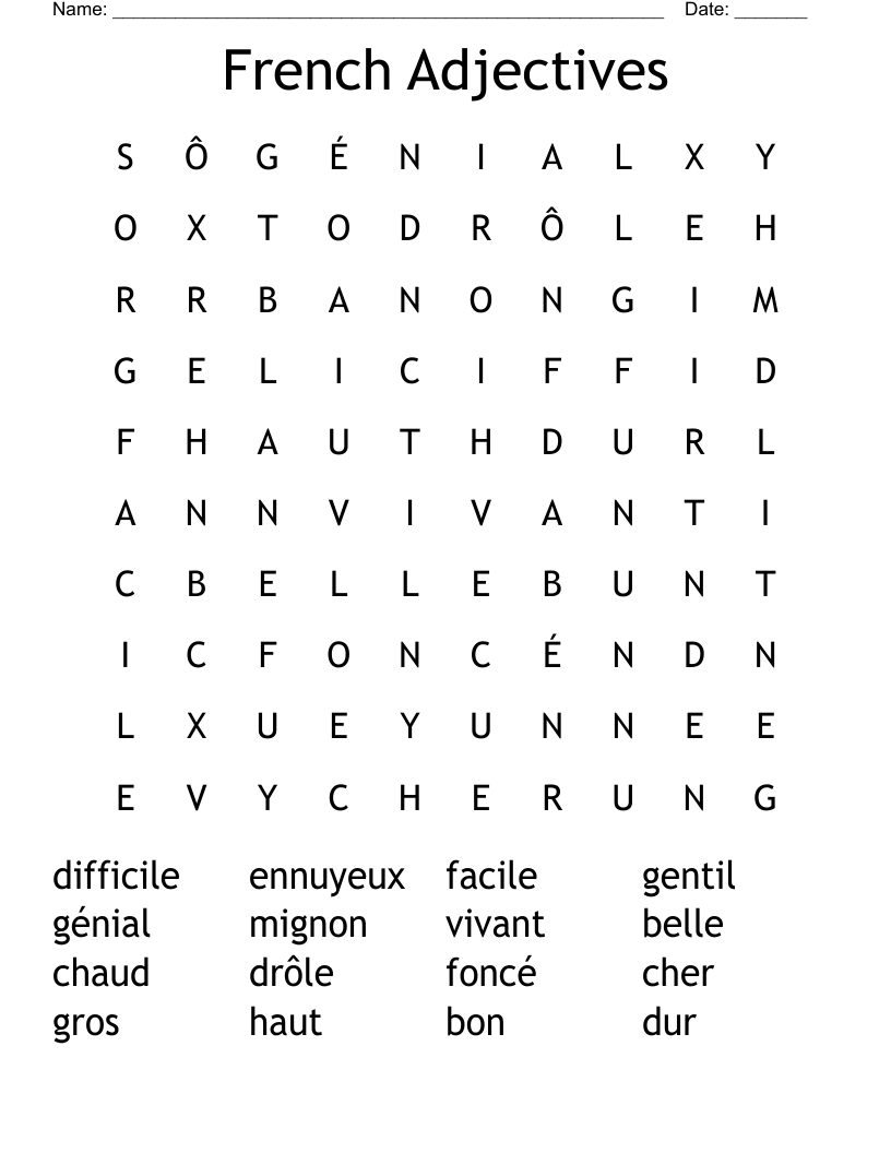 French Adjectives Word Search