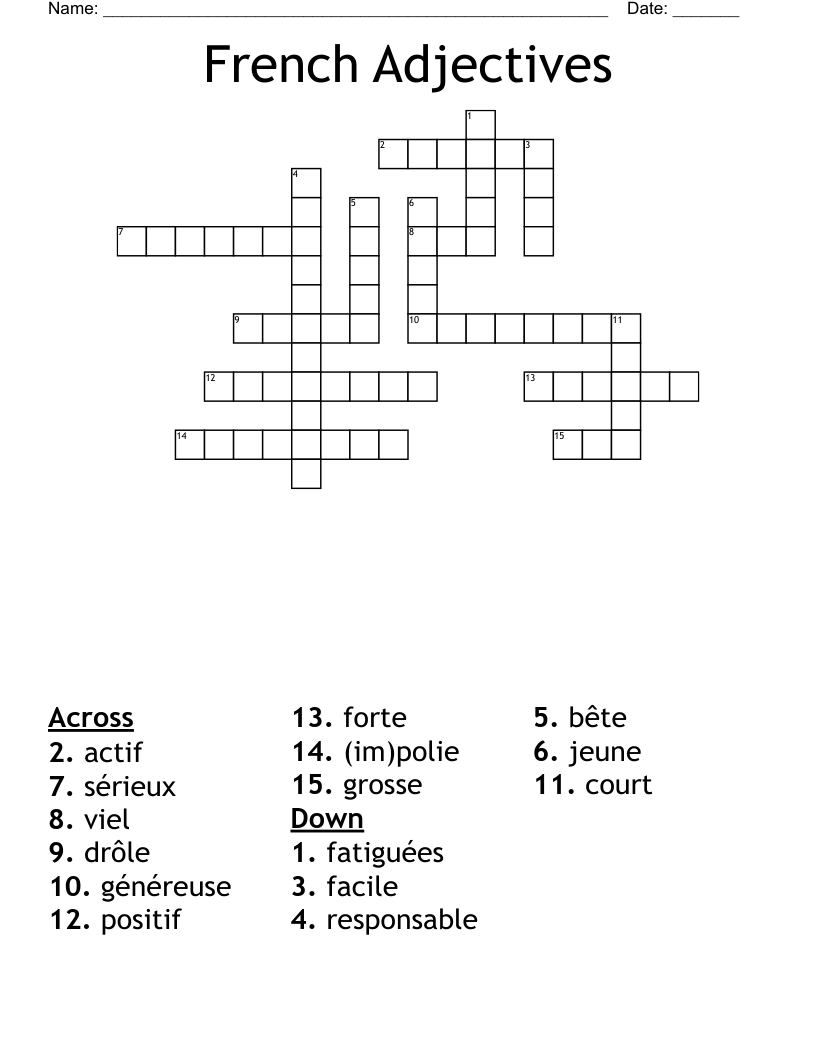 French Adjectives Crossword