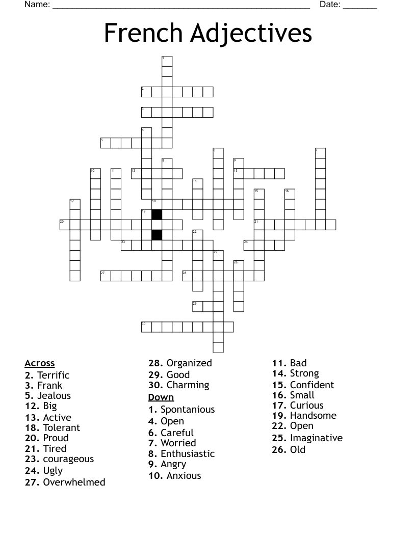 French Adjectives Crossword