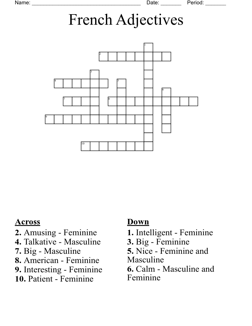 French Adjectives Crossword