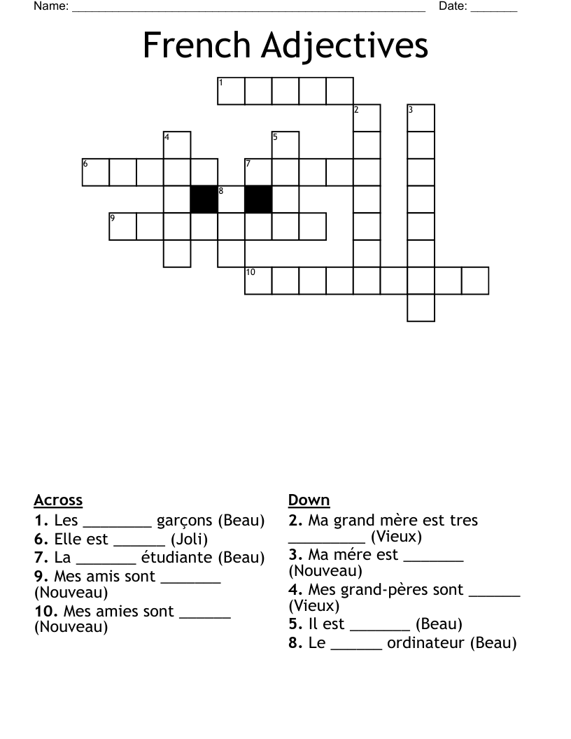 French Adjectives Crossword