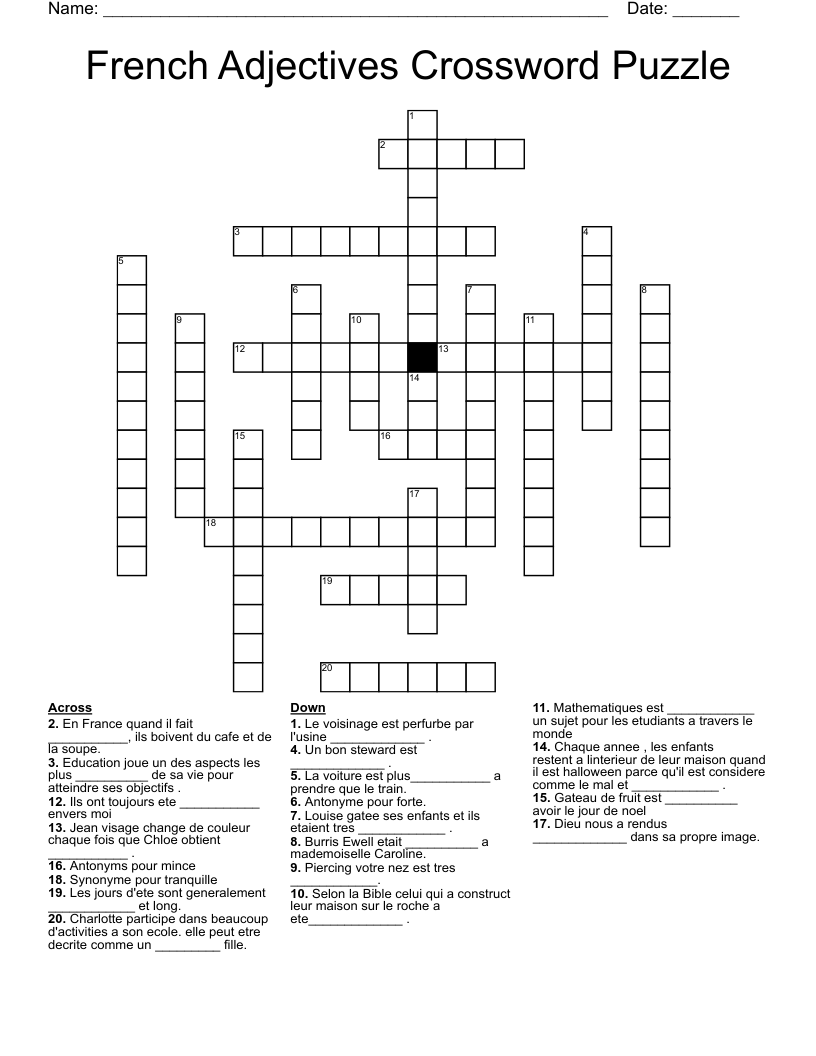 French Adjectives Crossword Puzzle