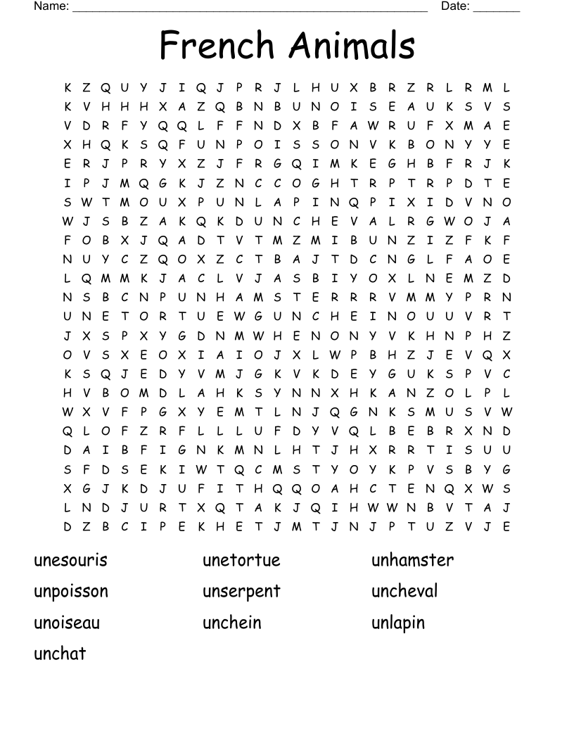 French Animals Word Search