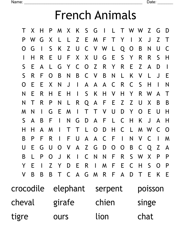 French Animals Word Search