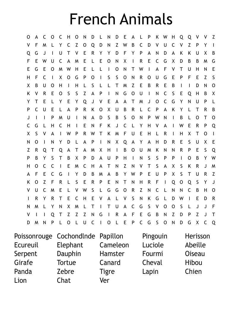 French Animals Word Search