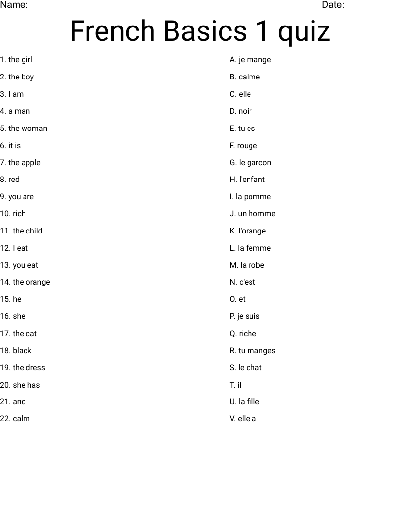 French Basics 1 quiz Worksheet