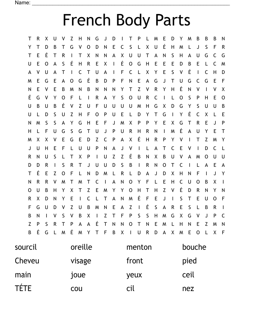French Body Parts Word Search