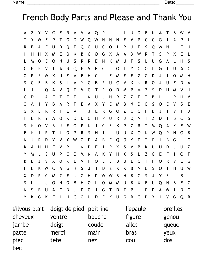 French Body Parts and Please and Thank You Word Search