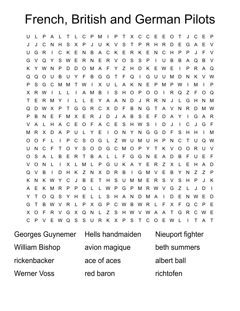 French, British and German Pilots Word Search