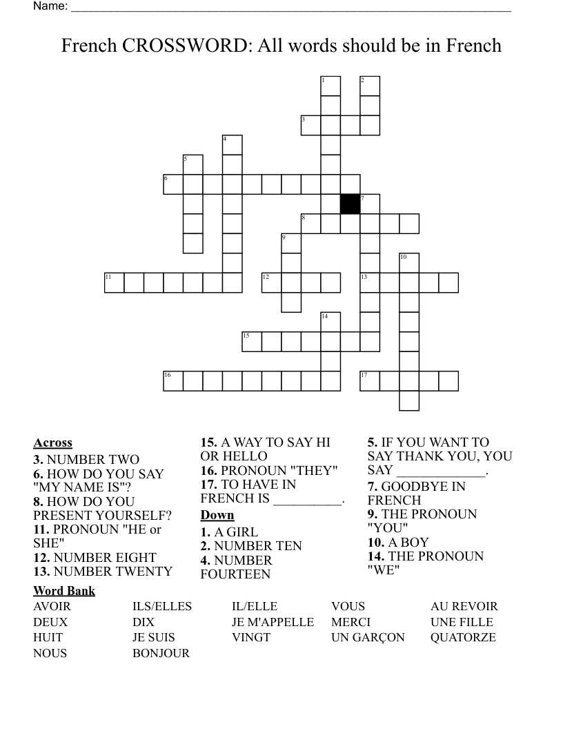 French CROSSWORD: All words should be in French 