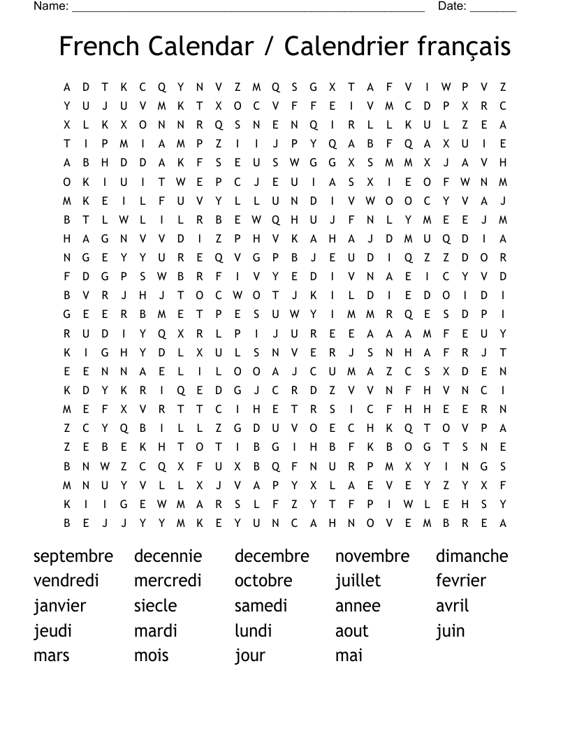 French Calendar / Calendrier français Word Search