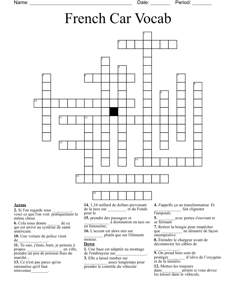 French Car Vocab Crossword