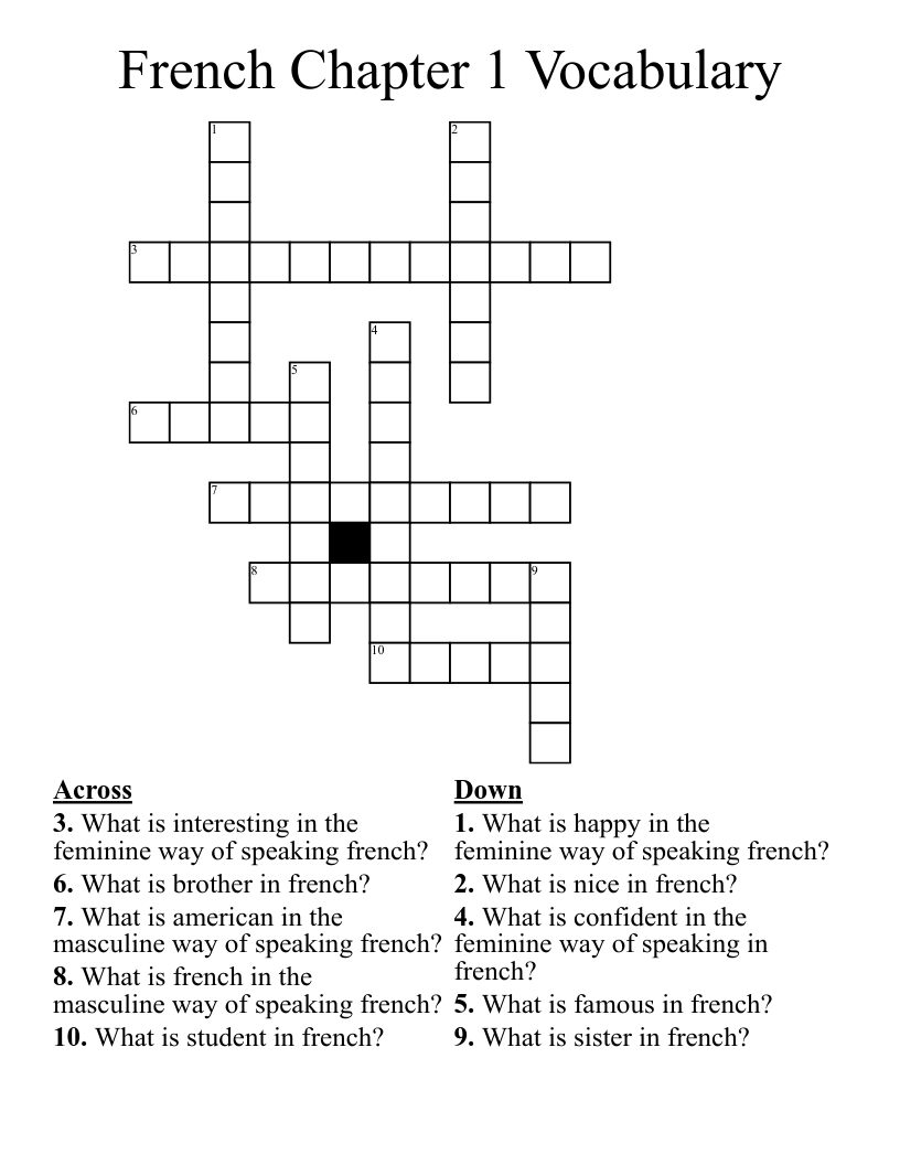 French Chapter 1 Vocabulary Crossword