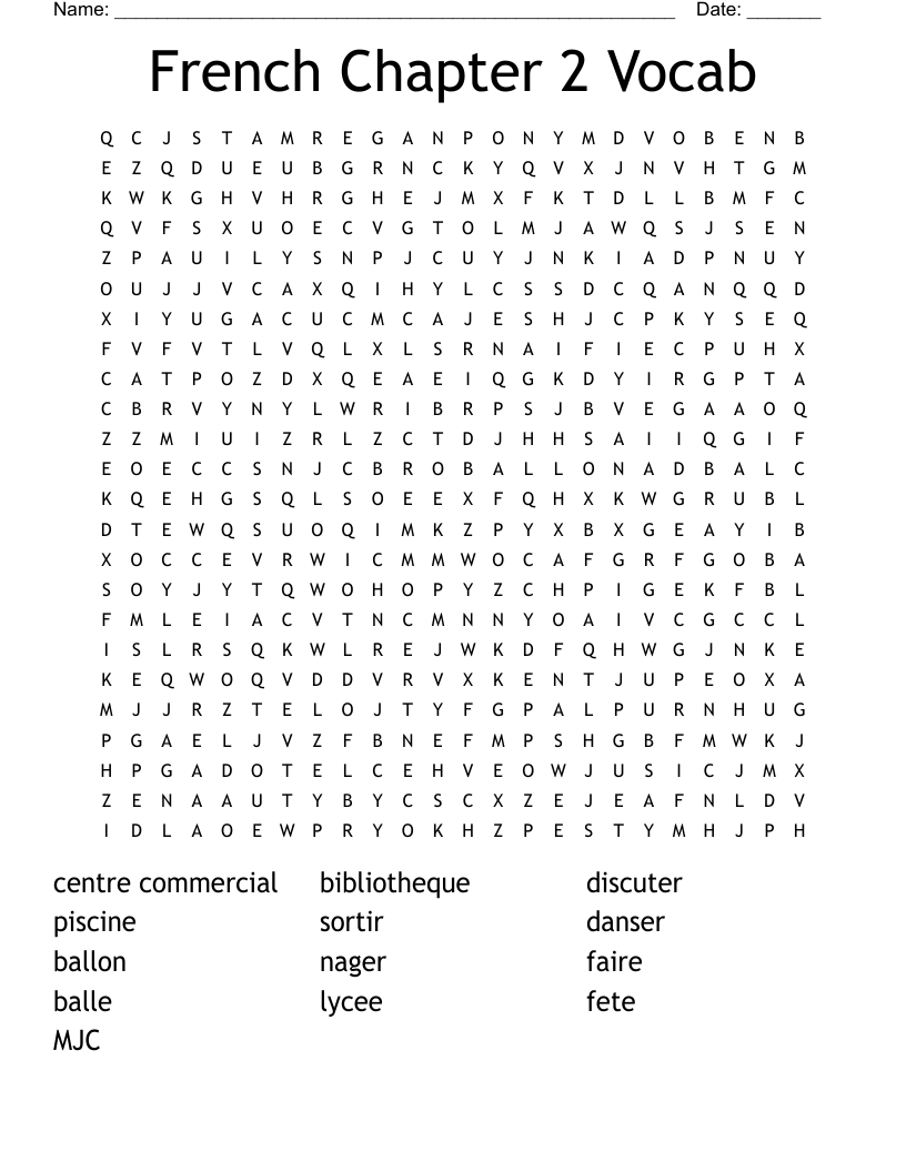 French Chapter 2 Vocab Word Search