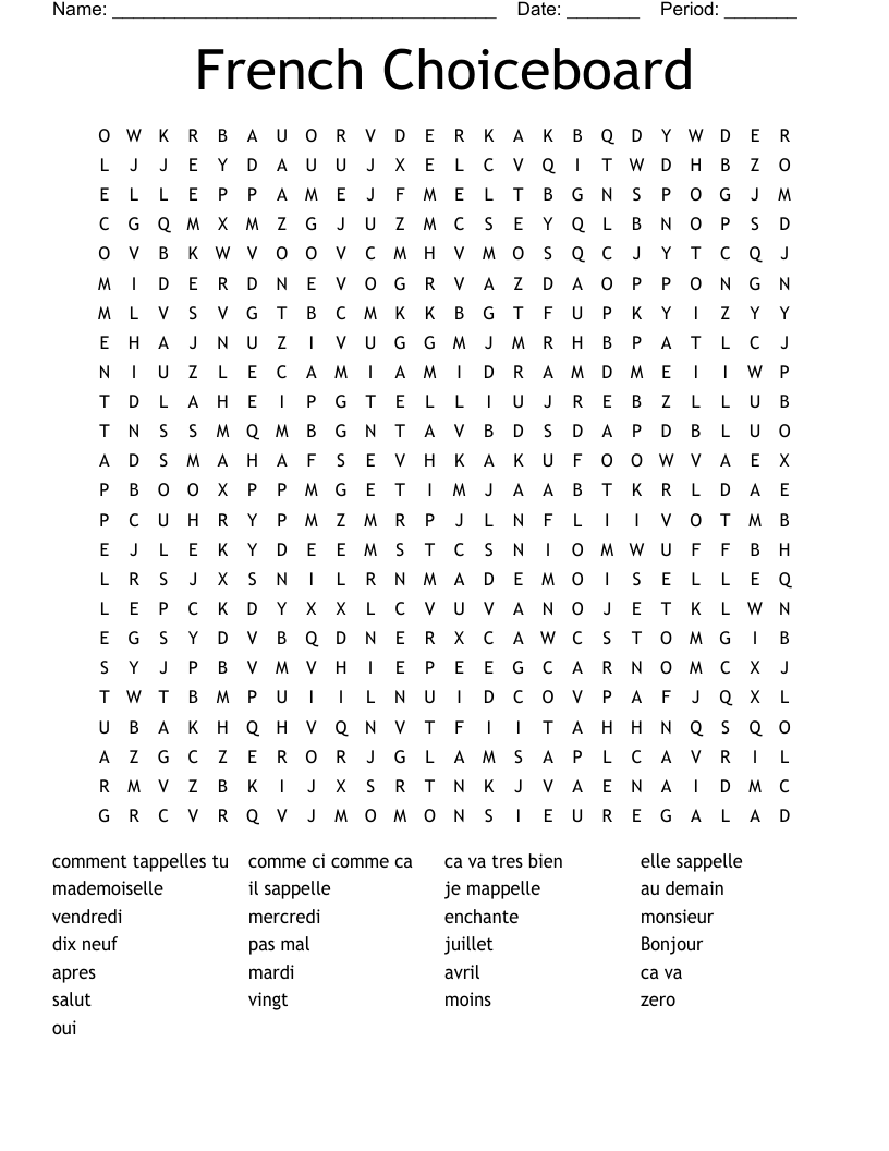 French Choiceboard Word Search